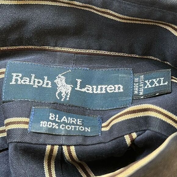 Vintage Ralph Lauren Crest Shield Shirt Mens XXL Blue Navy Gold Striped Blaire - Picture 5 of 7
